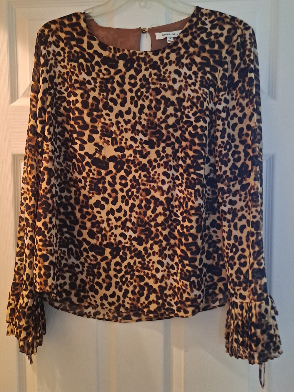 Rose + Olive Lined Leopard Print Long Sleeve Blouse in Brown